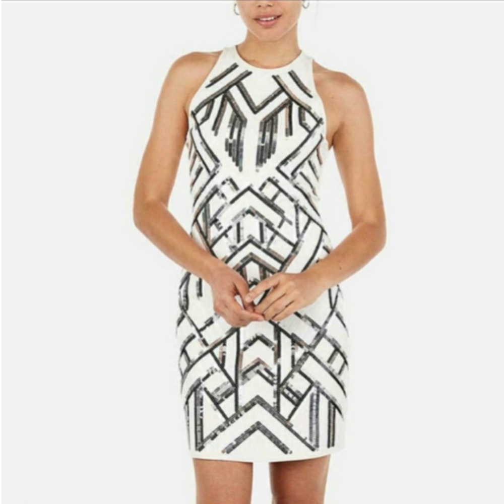 🌥️ NEW Express Sequin Art Deco White Silver Black Dress size XL